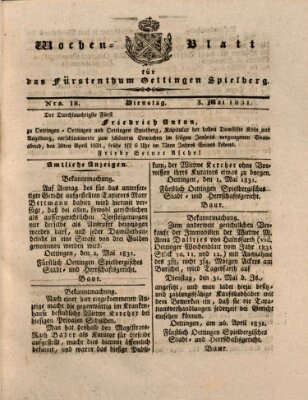 Wochenblatt für das Fürstenthum Oettingen-Spielberg (Oettingisches Wochenblatt) Dienstag 3. Mai 1831