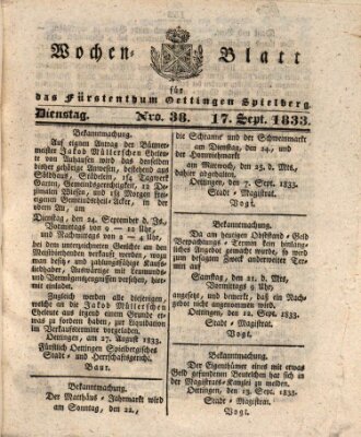 Wochenblatt für das Fürstenthum Oettingen-Spielberg (Oettingisches Wochenblatt) Dienstag 17. September 1833