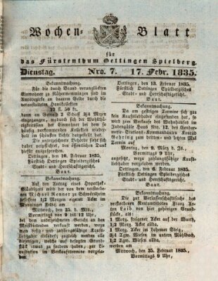 Wochenblatt für das Fürstenthum Oettingen-Spielberg (Oettingisches Wochenblatt) Dienstag 17. Februar 1835