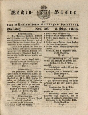 Wochenblatt für das Fürstenthum Oettingen-Spielberg (Oettingisches Wochenblatt) Dienstag 8. September 1835