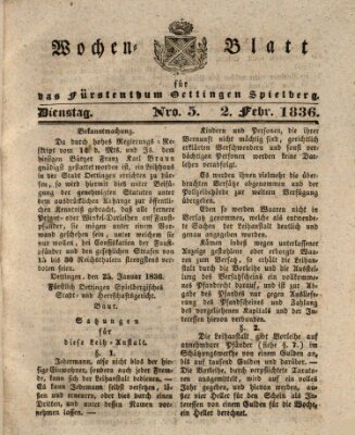 Wochenblatt für das Fürstenthum Oettingen-Spielberg (Oettingisches Wochenblatt) Dienstag 2. Februar 1836