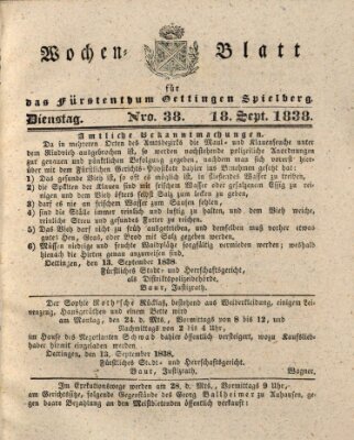 Wochenblatt für das Fürstenthum Oettingen-Spielberg (Oettingisches Wochenblatt) Dienstag 18. September 1838