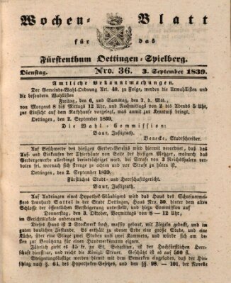 Wochenblatt für das Fürstenthum Oettingen-Spielberg (Oettingisches Wochenblatt) Dienstag 3. September 1839