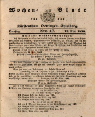 Wochenblatt für das Fürstenthum Oettingen-Spielberg (Oettingisches Wochenblatt) Dienstag 19. November 1839