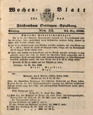 Wochenblatt für das Fürstenthum Oettingen-Spielberg (Oettingisches Wochenblatt) Dienstag 24. Dezember 1839