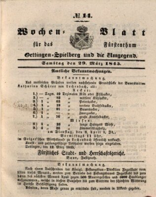 Wochenblatt für das Fürstenthum Oettingen-Spielberg und die Umgegend (Oettingisches Wochenblatt) Samstag 29. März 1845