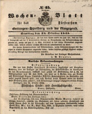 Wochenblatt für das Fürstenthum Oettingen-Spielberg und die Umgegend (Oettingisches Wochenblatt) Samstag 18. Oktober 1845