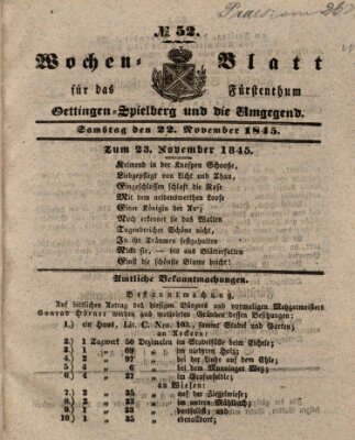 Wochenblatt für das Fürstenthum Oettingen-Spielberg und die Umgegend (Oettingisches Wochenblatt) Samstag 22. November 1845
