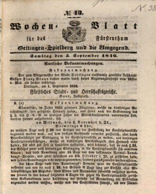 Wochenblatt für das Fürstenthum Oettingen-Spielberg und die Umgegend (Oettingisches Wochenblatt) Samstag 5. September 1846
