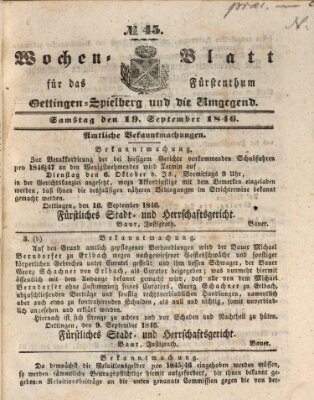Wochenblatt für das Fürstenthum Oettingen-Spielberg und die Umgegend (Oettingisches Wochenblatt) Samstag 19. September 1846