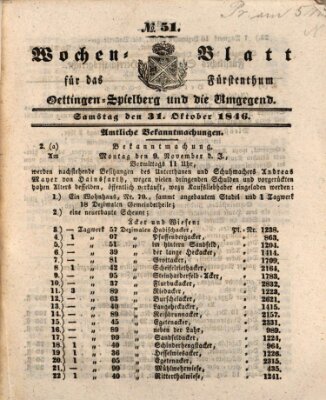 Wochenblatt für das Fürstenthum Oettingen-Spielberg und die Umgegend (Oettingisches Wochenblatt) Samstag 31. Oktober 1846