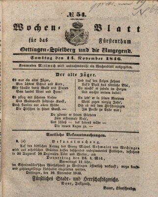 Wochenblatt für das Fürstenthum Oettingen-Spielberg und die Umgegend (Oettingisches Wochenblatt) Samstag 14. November 1846