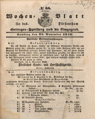 Wochenblatt für das Fürstenthum Oettingen-Spielberg und die Umgegend (Oettingisches Wochenblatt) Samstag 28. November 1846