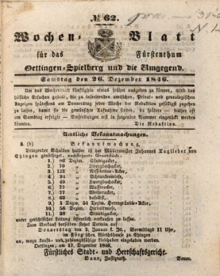 Wochenblatt für das Fürstenthum Oettingen-Spielberg und die Umgegend (Oettingisches Wochenblatt) Samstag 26. Dezember 1846
