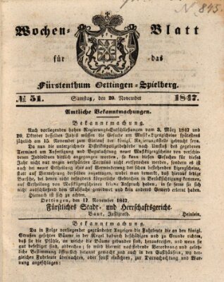 Wochen-Blatt für das Fürstenthum Oettingen-Spielberg (Oettingisches Wochenblatt) Samstag 20. November 1847