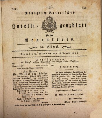 Königlich-baierisches Intelligenzblatt für den Regen-Kreis (Königlich bayerisches Intelligenzblatt für die Oberpfalz und von Regensburg) Mittwoch 25. August 1819