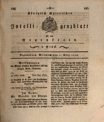 Königlich-baierisches Intelligenzblatt für den Regen-Kreis (Königlich bayerisches Intelligenzblatt für die Oberpfalz und von Regensburg) Mittwoch 1. März 1820