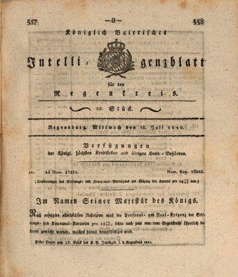 Königlich-baierisches Intelligenzblatt für den Regen-Kreis (Königlich bayerisches Intelligenzblatt für die Oberpfalz und von Regensburg) Mittwoch 12. Juli 1820