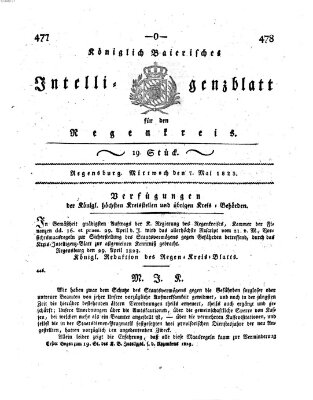 Königlich-baierisches Intelligenzblatt für den Regen-Kreis (Königlich bayerisches Intelligenzblatt für die Oberpfalz und von Regensburg) Mittwoch 7. Mai 1823