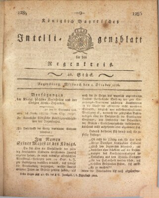 Königlich-baierisches Intelligenzblatt für den Regen-Kreis (Königlich bayerisches Intelligenzblatt für die Oberpfalz und von Regensburg) Mittwoch 4. Oktober 1826