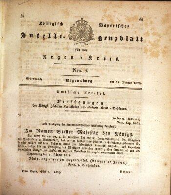 Königlich-baierisches Intelligenzblatt für den Regen-Kreis (Königlich bayerisches Intelligenzblatt für die Oberpfalz und von Regensburg) Mittwoch 21. Januar 1829