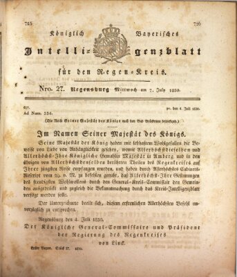 Königlich-baierisches Intelligenzblatt für den Regen-Kreis (Königlich bayerisches Intelligenzblatt für die Oberpfalz und von Regensburg) Mittwoch 7. Juli 1830