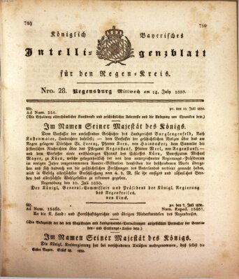 Königlich-baierisches Intelligenzblatt für den Regen-Kreis (Königlich bayerisches Intelligenzblatt für die Oberpfalz und von Regensburg) Mittwoch 14. Juli 1830