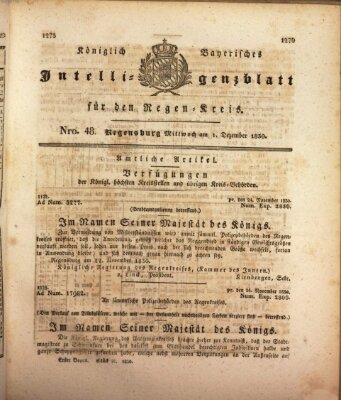 Königlich-baierisches Intelligenzblatt für den Regen-Kreis (Königlich bayerisches Intelligenzblatt für die Oberpfalz und von Regensburg) Mittwoch 1. Dezember 1830