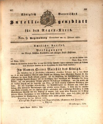 Königlich-baierisches Intelligenzblatt für den Regen-Kreis (Königlich bayerisches Intelligenzblatt für die Oberpfalz und von Regensburg) Samstag 25. Februar 1832