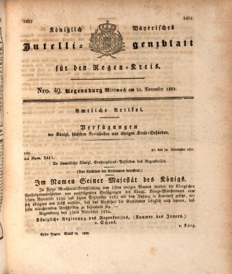 Königlich-baierisches Intelligenzblatt für den Regen-Kreis (Königlich bayerisches Intelligenzblatt für die Oberpfalz und von Regensburg) Mittwoch 28. November 1832