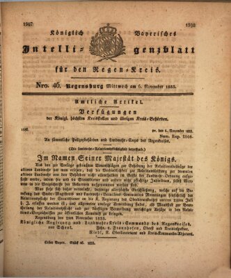 Königlich-baierisches Intelligenzblatt für den Regen-Kreis (Königlich bayerisches Intelligenzblatt für die Oberpfalz und von Regensburg) Mittwoch 6. November 1833