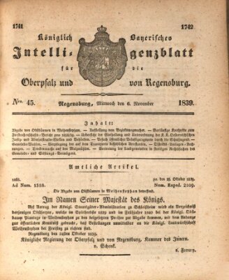 Königlich bayerisches Intelligenzblatt für die Oberpfalz und von Regensburg Mittwoch 6. November 1839