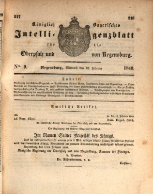 Königlich bayerisches Intelligenzblatt für die Oberpfalz und von Regensburg Mittwoch 19. Februar 1840