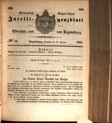 Königlich bayerisches Intelligenzblatt für die Oberpfalz und von Regensburg Samstag 25. Februar 1843