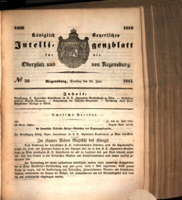 Königlich bayerisches Intelligenzblatt für die Oberpfalz und von Regensburg Samstag 24. Juni 1843