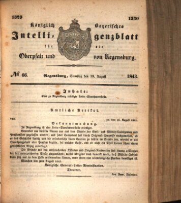 Königlich bayerisches Intelligenzblatt für die Oberpfalz und von Regensburg Samstag 19. August 1843