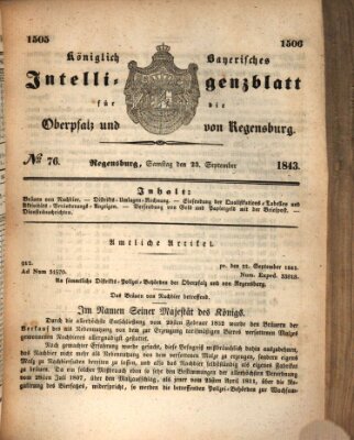 Königlich bayerisches Intelligenzblatt für die Oberpfalz und von Regensburg Samstag 23. September 1843