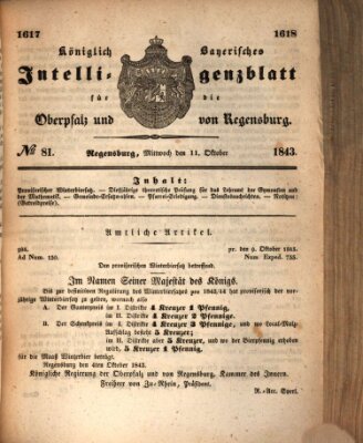 Königlich bayerisches Intelligenzblatt für die Oberpfalz und von Regensburg Mittwoch 11. Oktober 1843