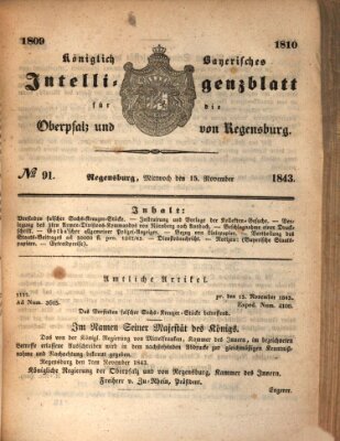 Königlich bayerisches Intelligenzblatt für die Oberpfalz und von Regensburg Mittwoch 15. November 1843
