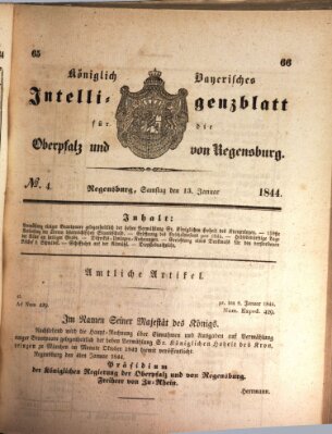 Königlich bayerisches Intelligenzblatt für die Oberpfalz und von Regensburg Samstag 13. Januar 1844