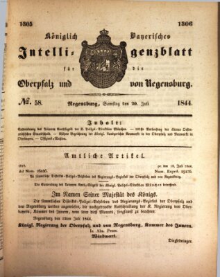 Königlich bayerisches Intelligenzblatt für die Oberpfalz und von Regensburg Samstag 20. Juli 1844