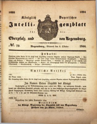 Königlich bayerisches Intelligenzblatt für die Oberpfalz und von Regensburg Mittwoch 2. Oktober 1844