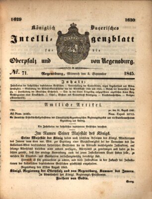 Königlich bayerisches Intelligenzblatt für die Oberpfalz und von Regensburg Mittwoch 3. September 1845