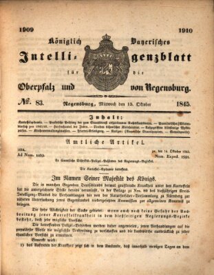 Königlich bayerisches Intelligenzblatt für die Oberpfalz und von Regensburg Mittwoch 15. Oktober 1845