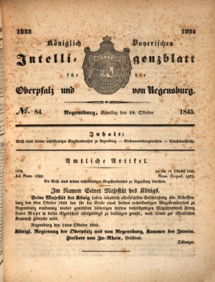 Königlich bayerisches Intelligenzblatt für die Oberpfalz und von Regensburg Samstag 18. Oktober 1845