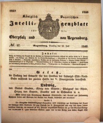Königlich bayerisches Intelligenzblatt für die Oberpfalz und von Regensburg Samstag 18. Juli 1846