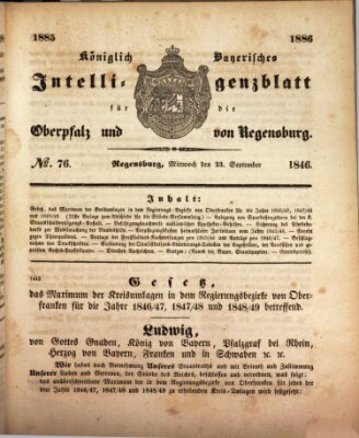 Königlich bayerisches Intelligenzblatt für die Oberpfalz und von Regensburg Mittwoch 23. September 1846