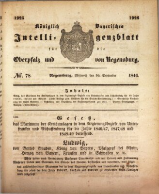 Königlich bayerisches Intelligenzblatt für die Oberpfalz und von Regensburg Mittwoch 30. September 1846