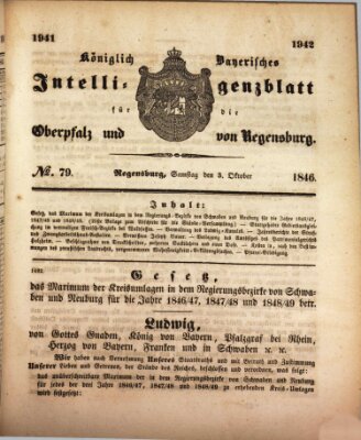 Königlich bayerisches Intelligenzblatt für die Oberpfalz und von Regensburg Samstag 3. Oktober 1846