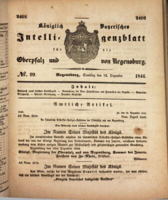 Königlich bayerisches Intelligenzblatt für die Oberpfalz und von Regensburg Samstag 12. Dezember 1846